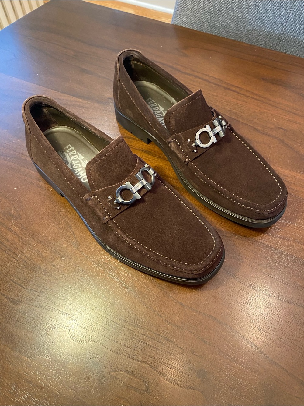 Salvatore Ferragamo Dark Brown Suede Gancini Bit Loafers